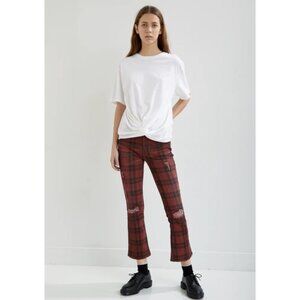 R13 Kick Fit Flare Red Plaid W/ Rips Distressed Jeans, Size 25